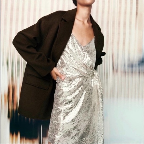 Zara Silver Sequin Faux Wrap Dress medium - Picture 3 of 16